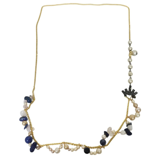 14k Gold Plated Faux Sapphire Clear Quartz Pearl Lapis Necklace - Picture 3 of 4